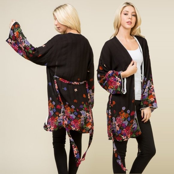 Lumiere Floral Print Kimono Jacket • NWT • Polyester • Long Sleeve • Waist Tie - Picture 1 of 6